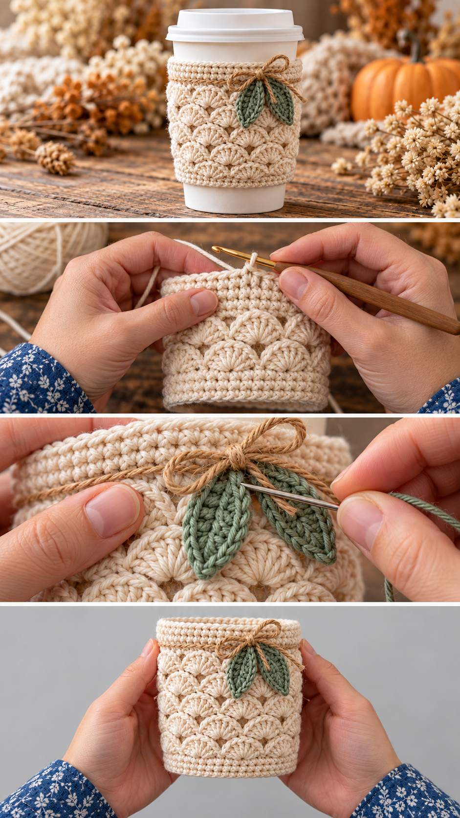 Step-by-step photos: how to make a crochet shell stitch cup cozy with sage leaves