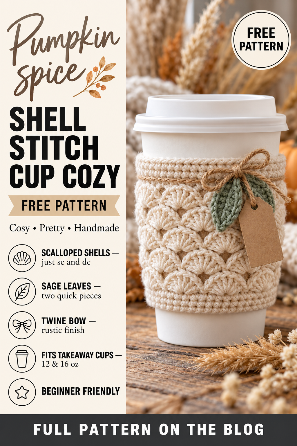 Free pattern pin: crochet shell stitch cup cozy with sage leaves