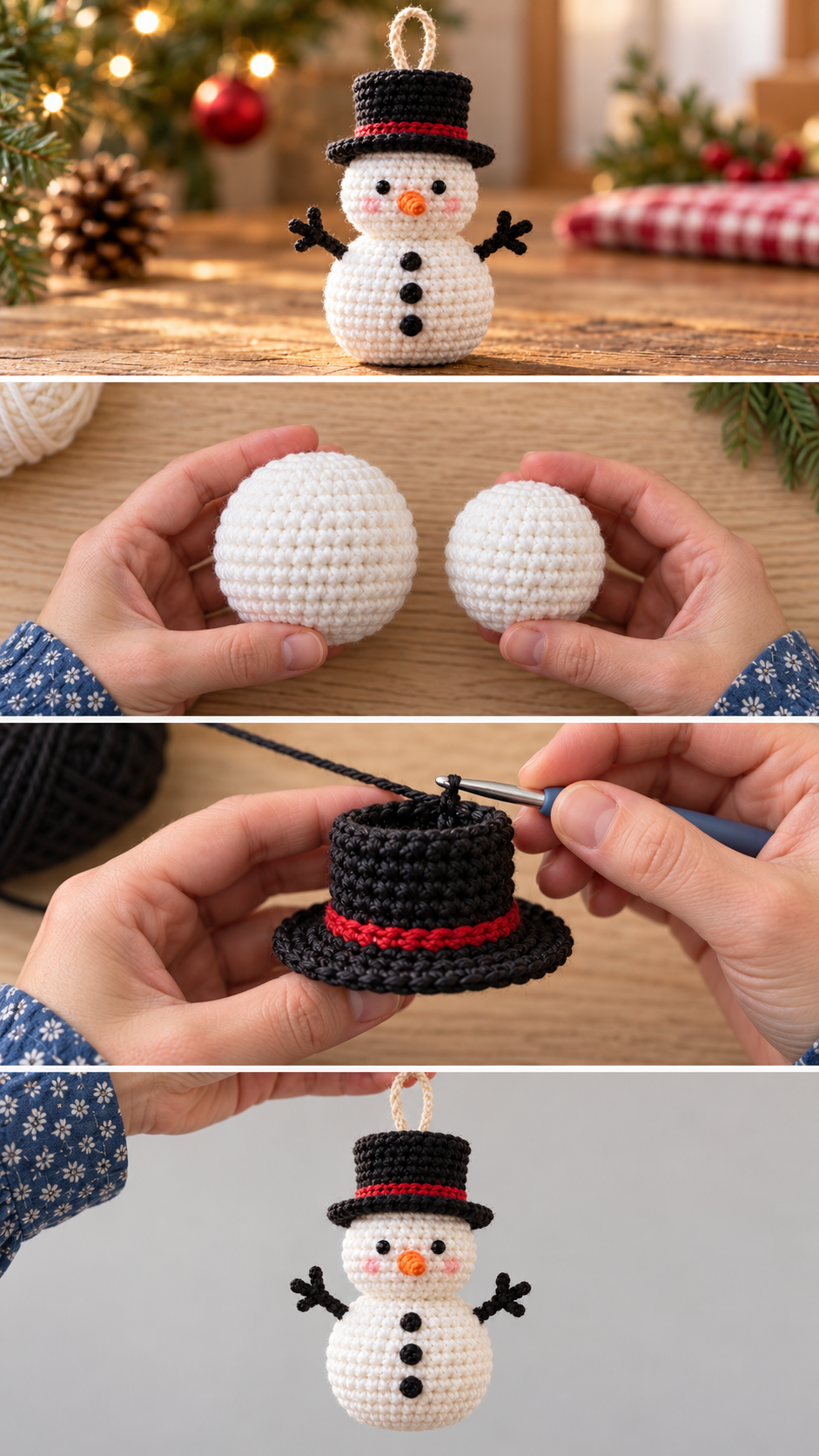 Step-by-step photos: how to crochet a crochet snowman Christmas ornament