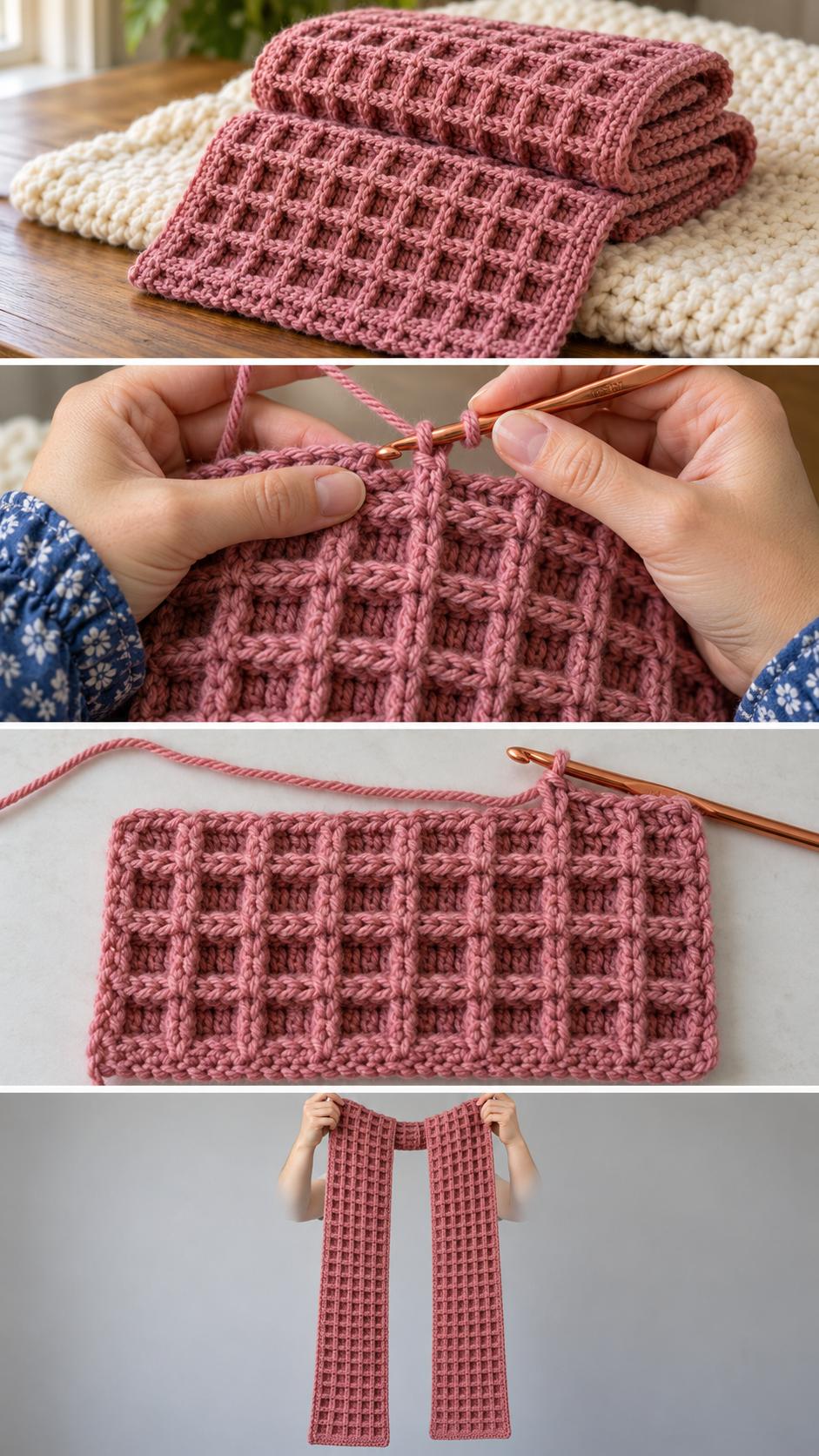 Step-by-step photos: how to make a crochet waffle stitch scarf