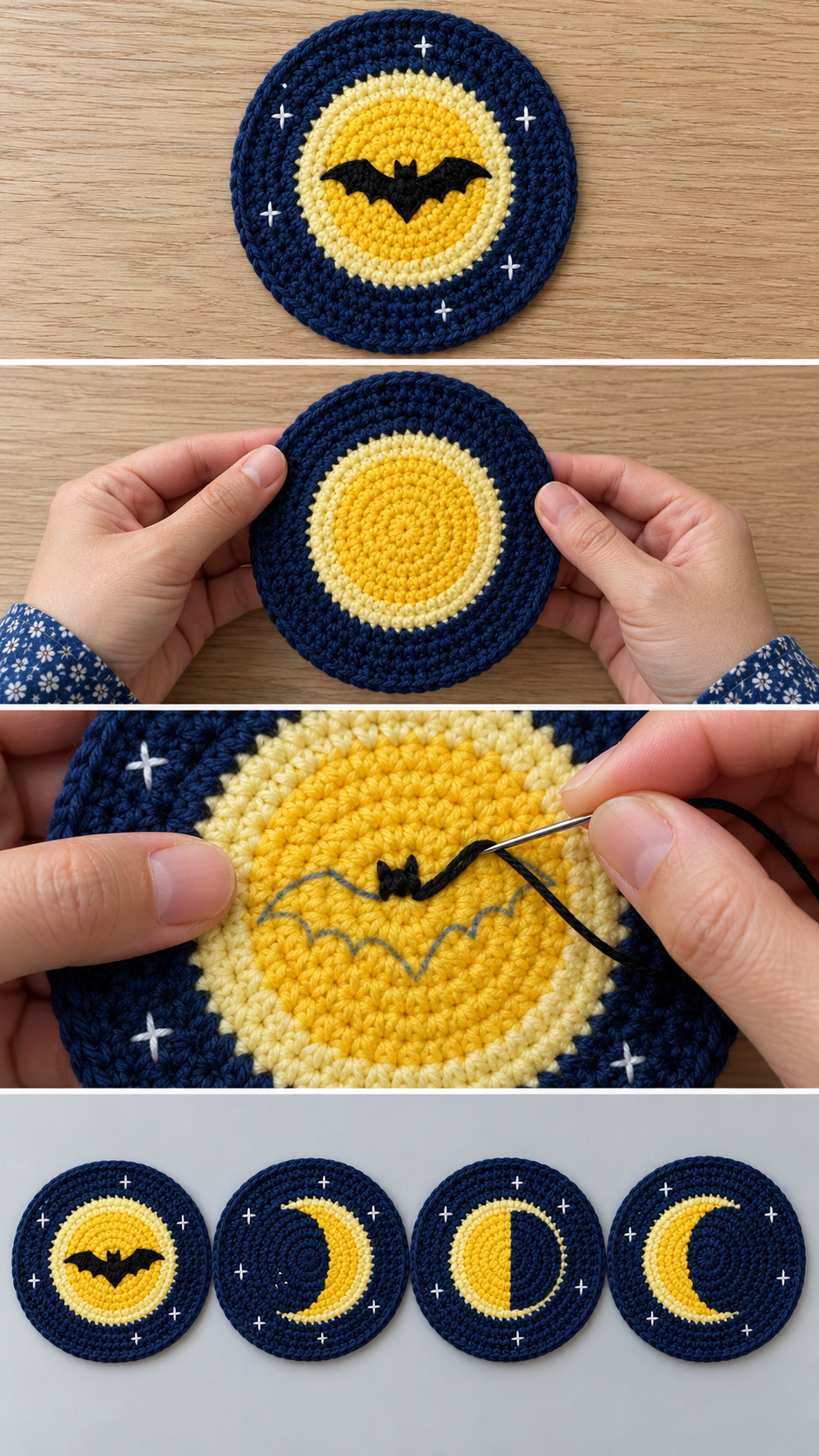 Full moon and bat crochet coaster shown finished, before embroidery, with the bat drawn and in moon phases