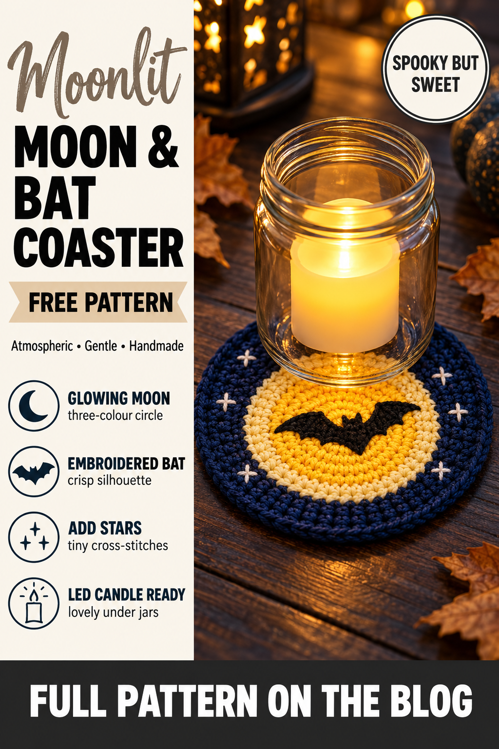 Full moon and bat crochet coaster free Halloween pattern