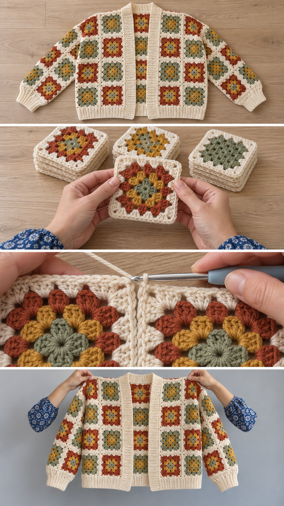 Granny square crochet jacket shown flat, as a stack of squares, being joined and held up