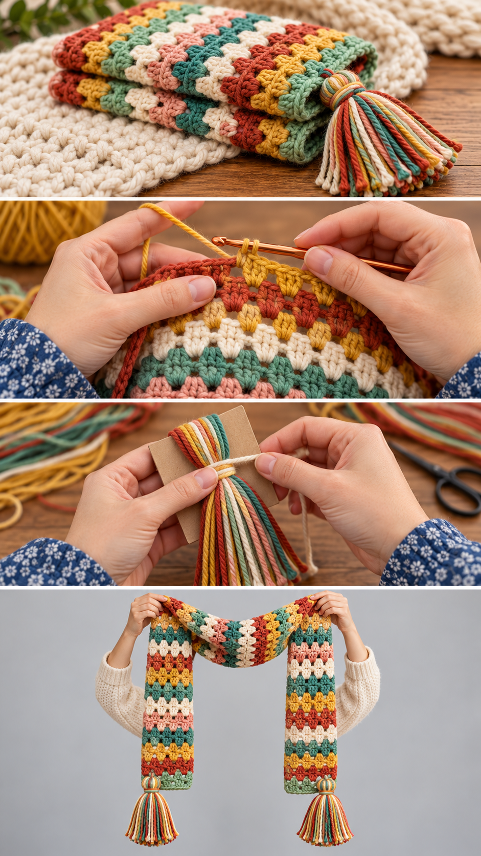 Step-by-step photos: how to make a granny stripe crochet scarf with tassels
