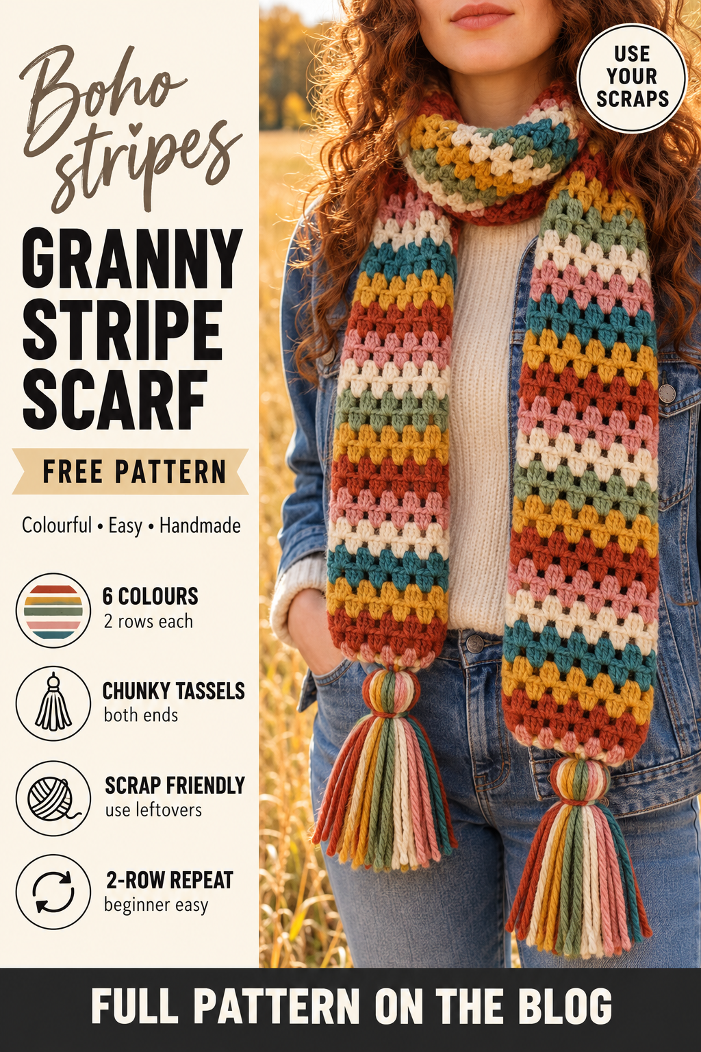 Granny Stripe Crochet Scarf with Tassels – Free Pattern