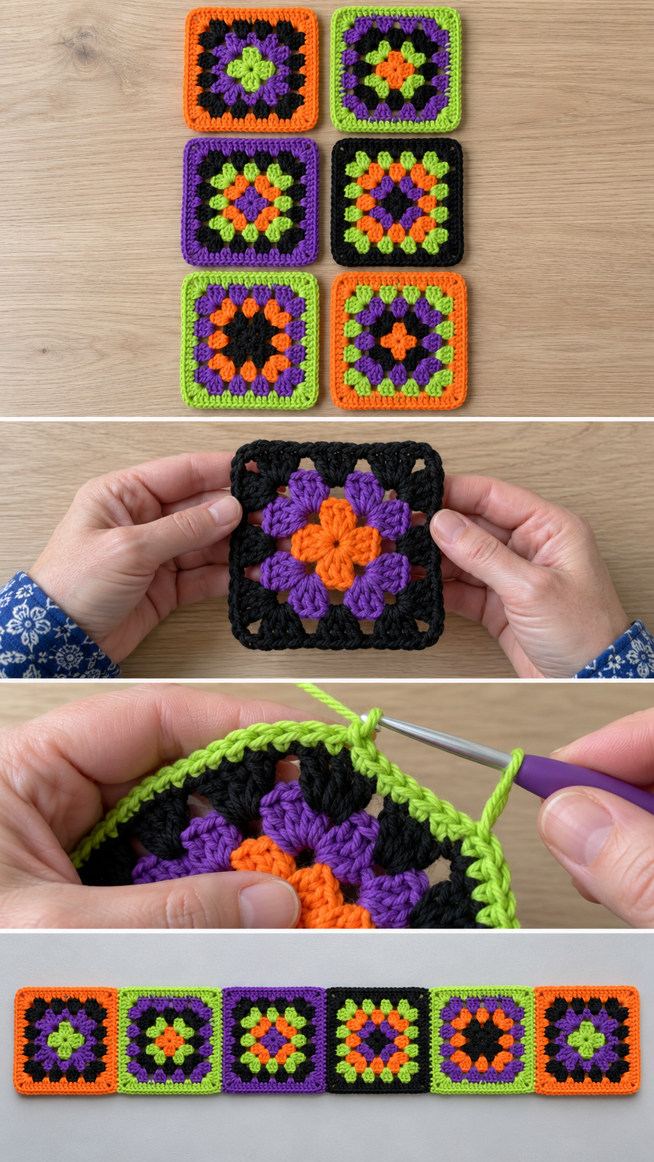 Halloween granny square coasters shown as a set, before the border, with the border being worked and joined as a runner