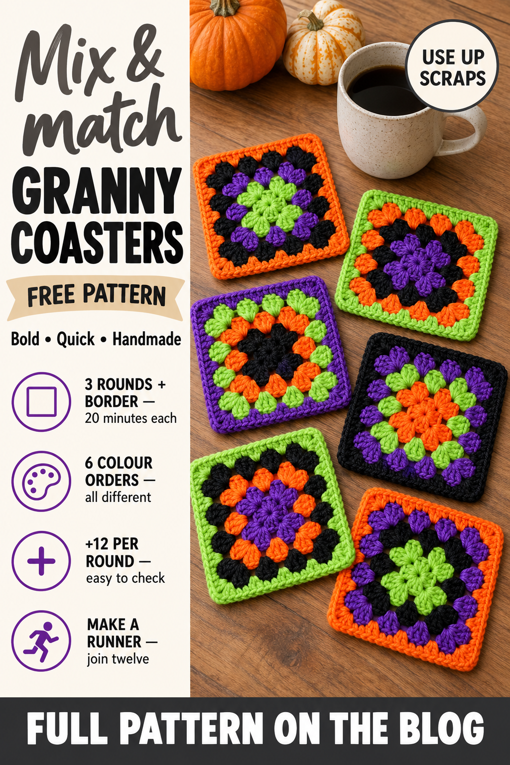 Halloween granny square crochet coaster set in orange, purple, black and lime