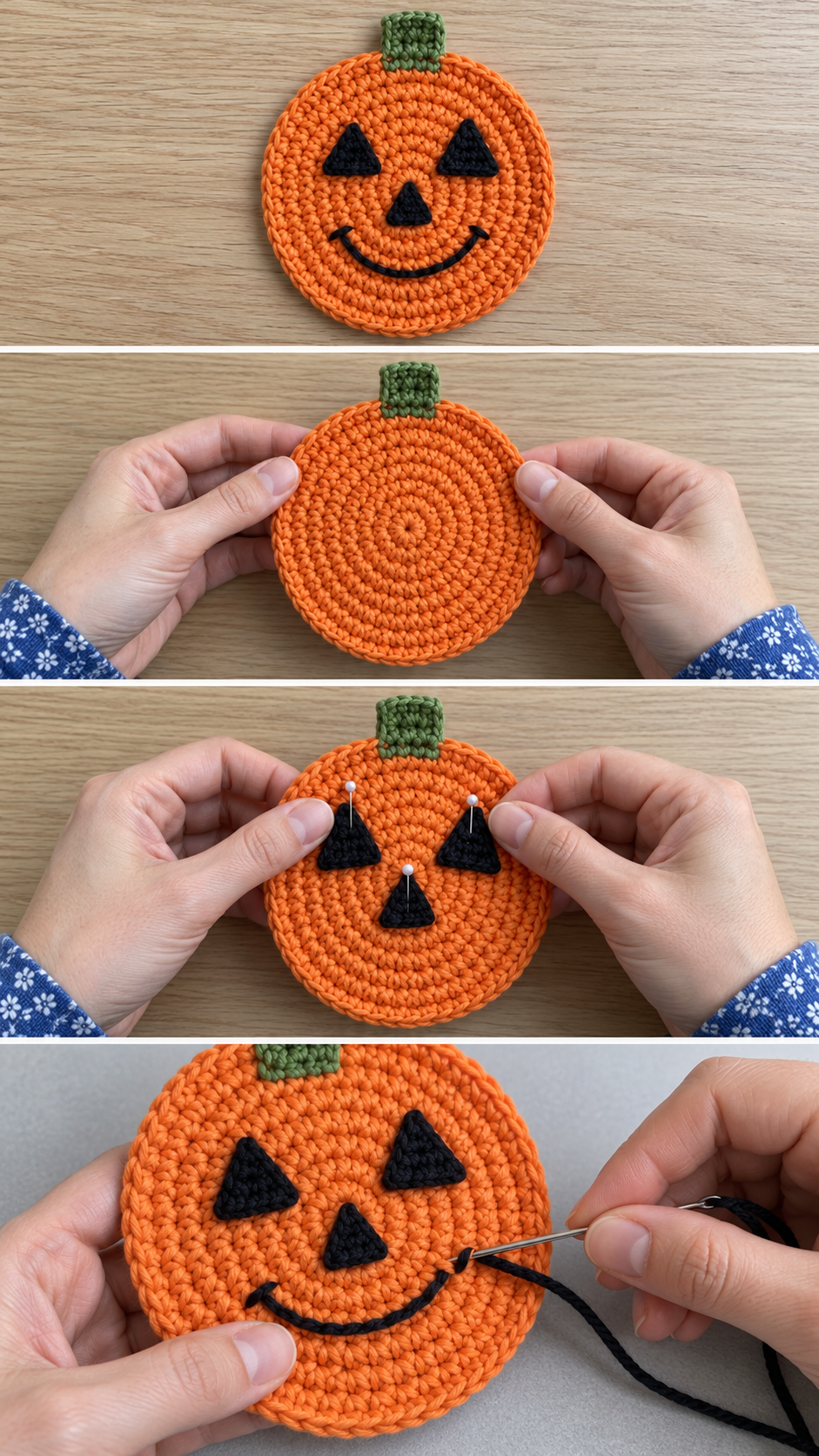 Jack-o-lantern crochet coaster shown finished, as an orange circle with a stem, with the face pinned and the mouth embroidered