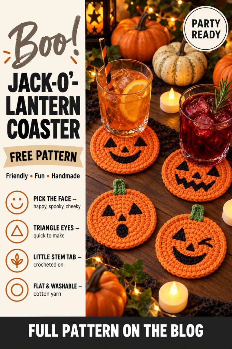 Jack-o-lantern crochet coaster free Halloween pattern