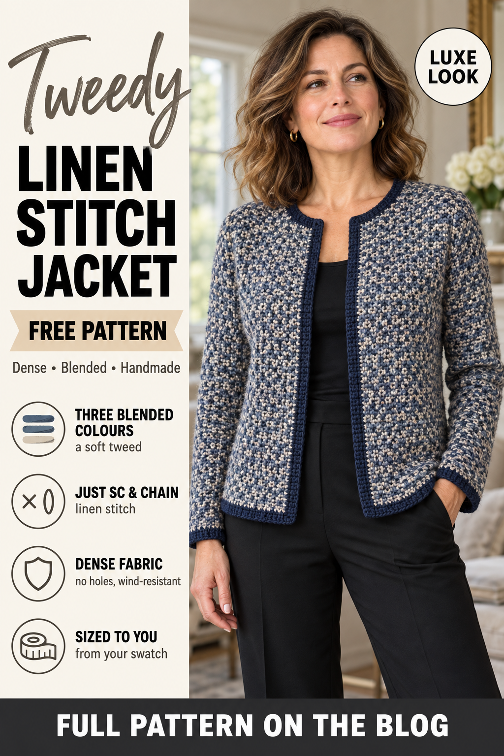Linen stitch crochet jacket free pattern in three blended colours