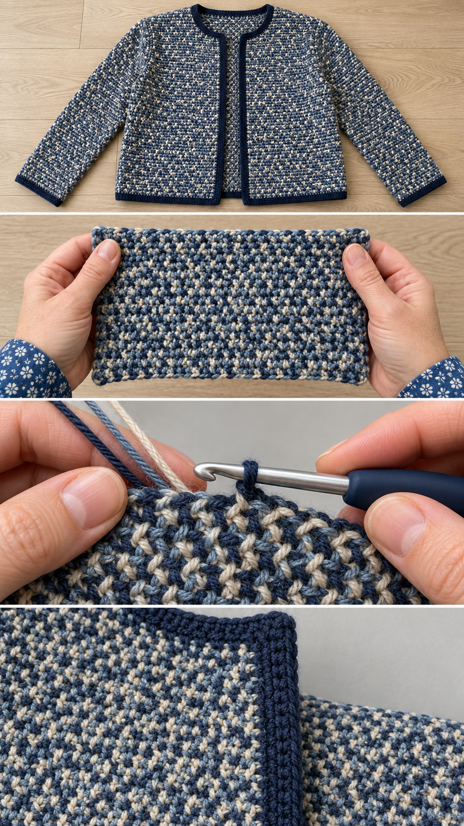 Tweedy linen stitch crochet jacket shown flat, as a three-colour swatch, being crocheted and with its border