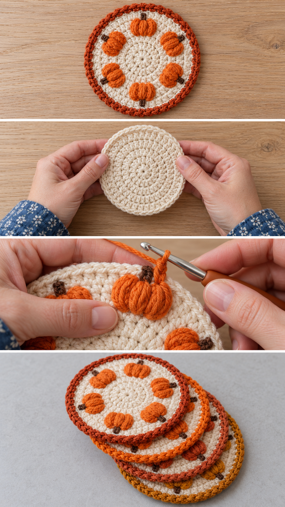 Puff stitch pumpkin crochet coaster shown flat, as a cream centre, with a puff stitch being worked and as a set