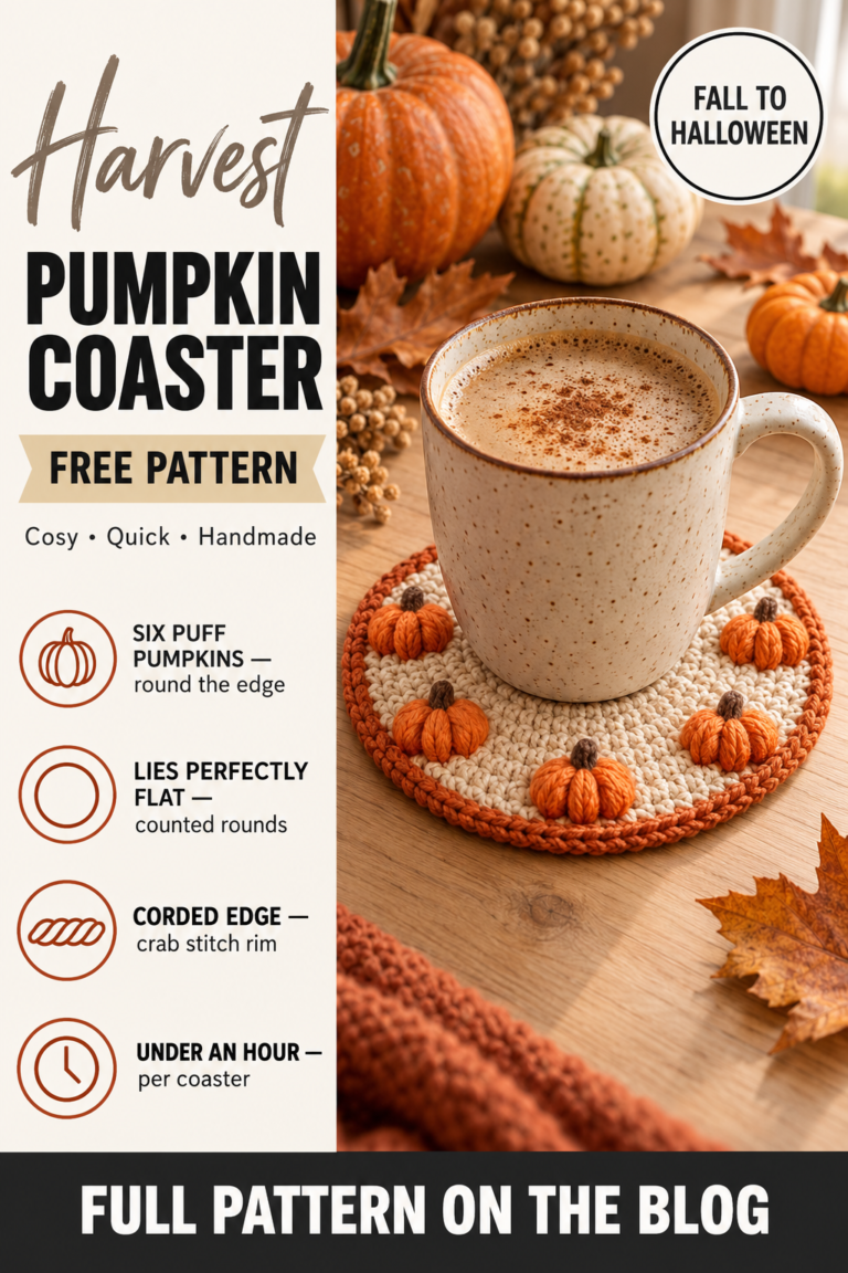 Puff stitch pumpkin crochet coaster free Halloween pattern