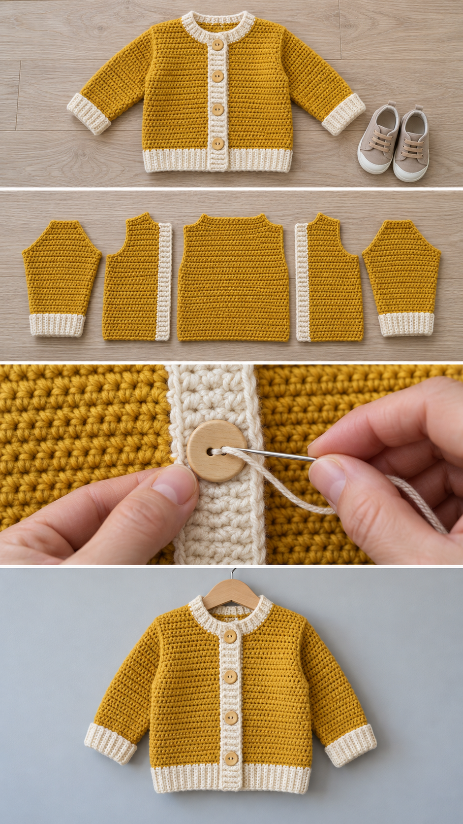 Mustard toddler crochet jacket shown flat, as five pieces, with a button being sewn on and on a hanger